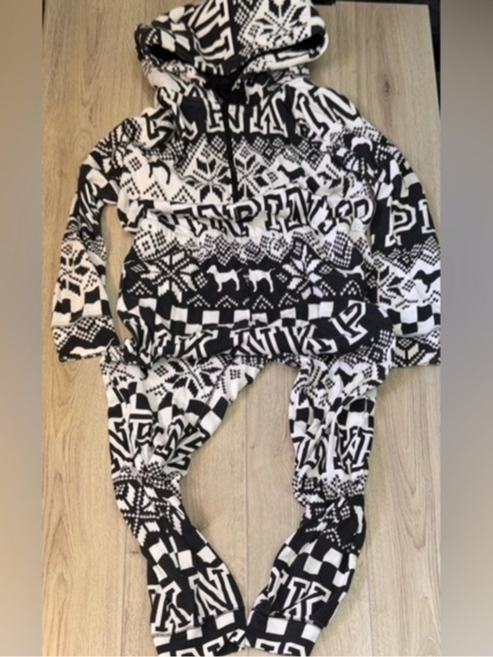 Victoria’s Secret pink Black and White logo pajama set hoodie pj onesie